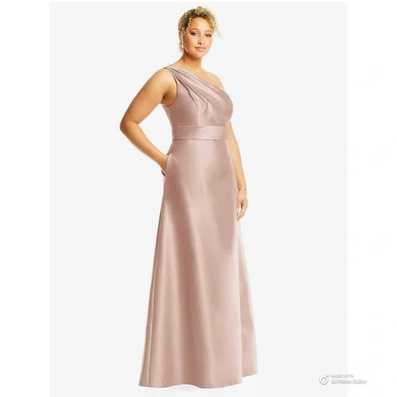 Alfred Sung Toasted Sugar One Shoulder Satin Maxi Dress Size 8 NWT FLAWS - Picture 6 of 17